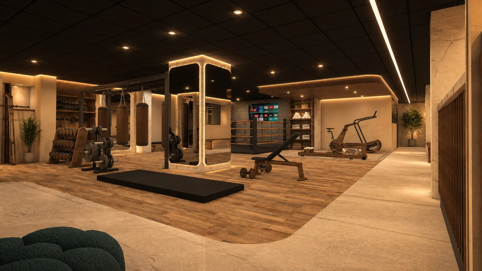 Espace musculation et cardio avec bancs, haltères et machines en bois