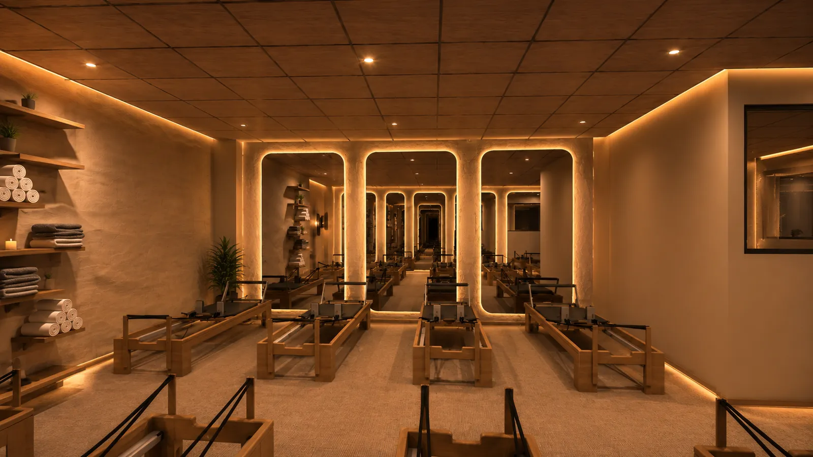 Salle de Pilates Reformer du Cercle Gym Club, miroirs éclairés et appareils en bois