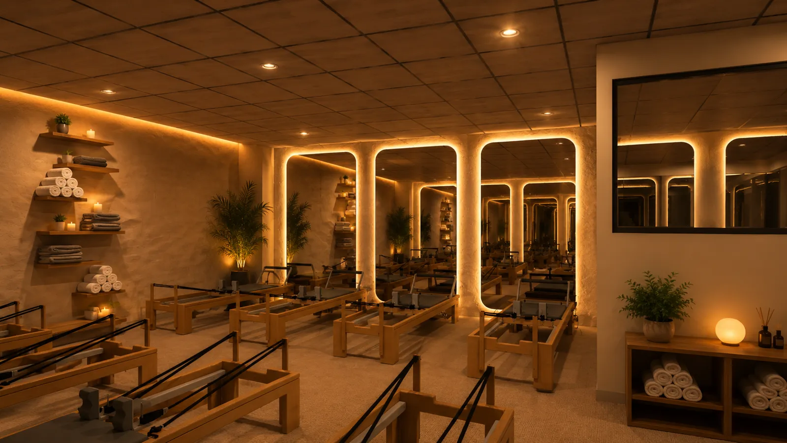 Appareils de Pilates Reformer en bois face aux miroirs éclairés